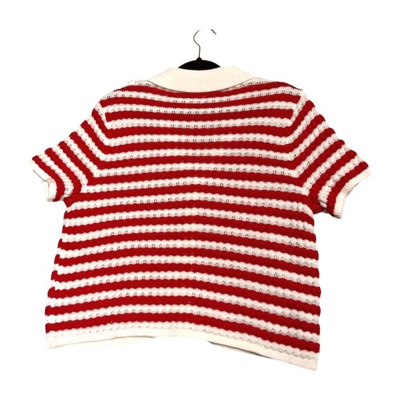 Old Navy Button Down Crochet Striped Short Sleeve Cardigan Sweater Red White L - Picture 2 of 7